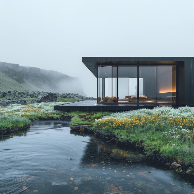 Modern house on the hillside in the fog with a lake view