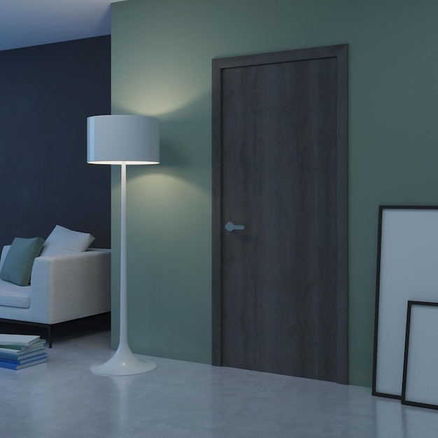 Modern house interior. Door in the interior. Night. Evening lighting. 3D rendering.