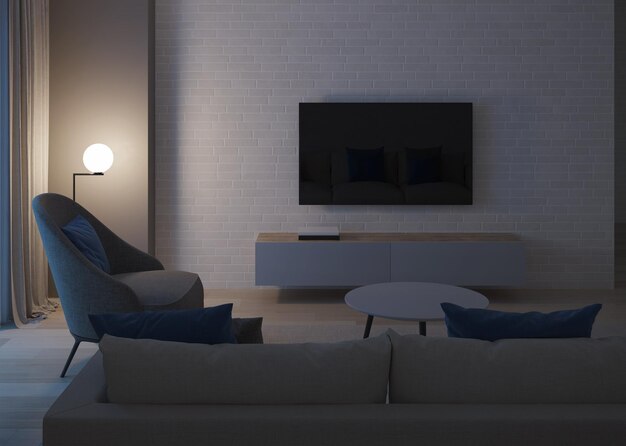 Modern house interior Evening lighting Night 3D rendering