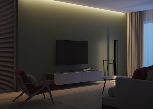 Modern house interior Evening lighting Night 3D rendering