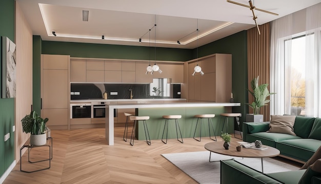 Modern house interior of living room and a kitchen in beige and green colors Generative ai