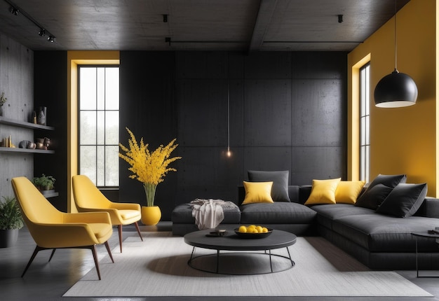 Modern house interior Loft style Black concrete wall and yellow elements