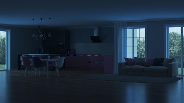 Modern house interior. Pink kitchen. Night. Evening lighting. Artificial light sources. 3D rendering.