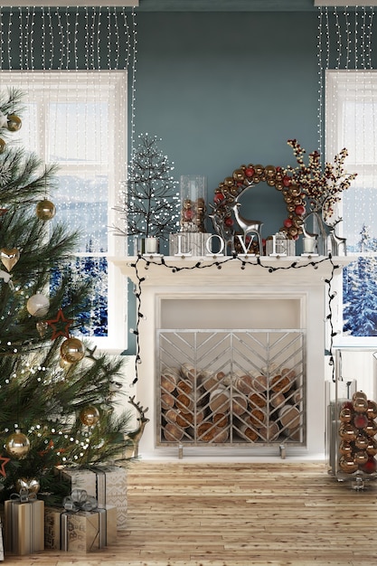 Modern house interior with christmas decoration and new tear tree