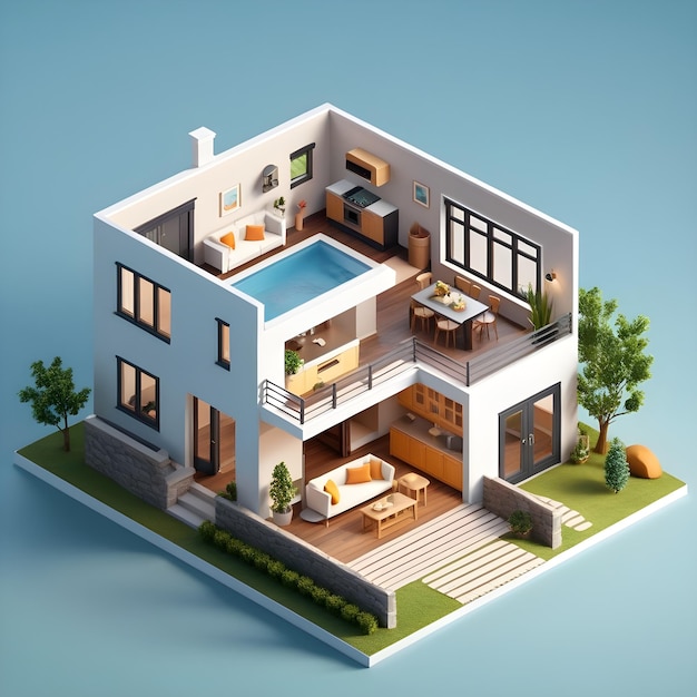 Modern House Isometric View From The Top 3D Render On Blue Background