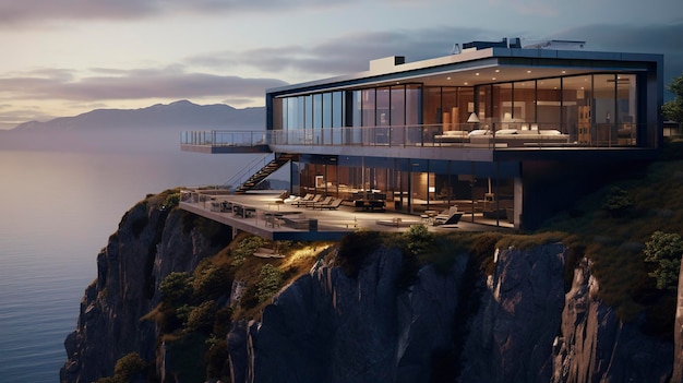 A modern house located on a cliffside or hill with breathtaking views