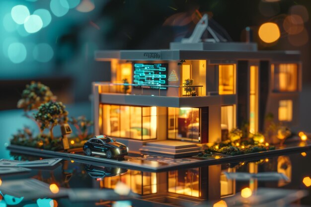 Photo modern house miniature with lights and a car