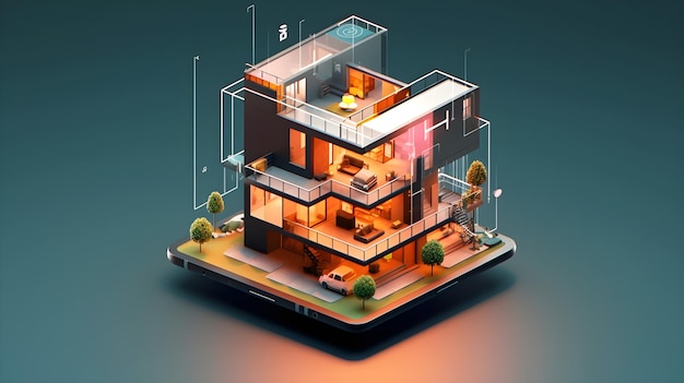 Modern house model on smartphone device technology 3d