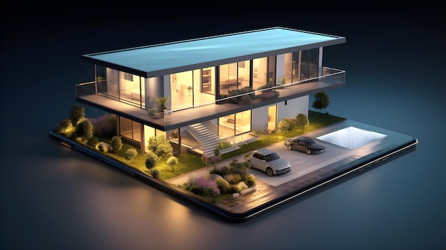 Modern house model on smartphone device technology 3d