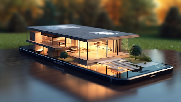 Modern house model on smartphone device technology 3d