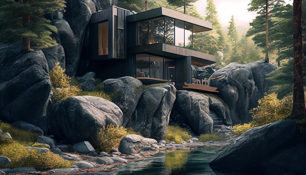 Modern house in mountains exterior of luxury villa by forest river generative AI