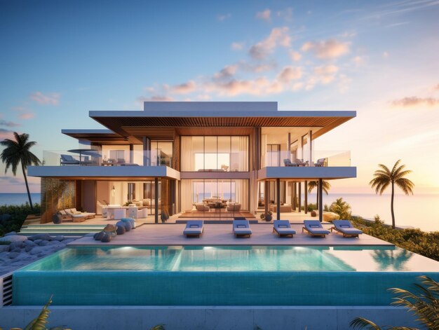 A modern house perched along the sandy shores of a pristine beach