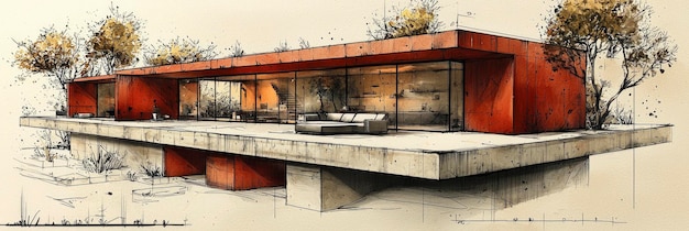 Modern House Sketch with Red Facade and Concrete Deck