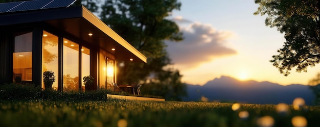 Photo a modern house at sunset surrounded by lush greenery and mountains