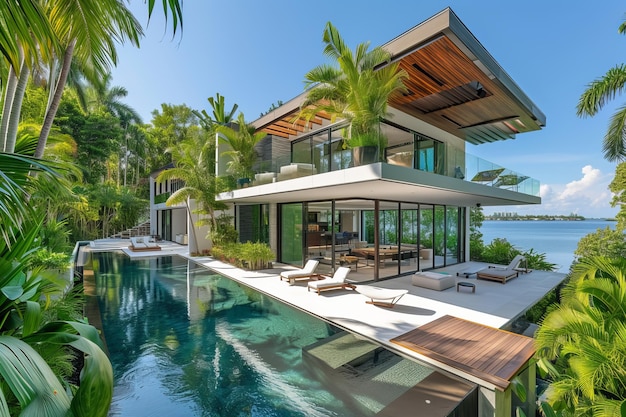 A modern house surrounded by lush tropical gardens