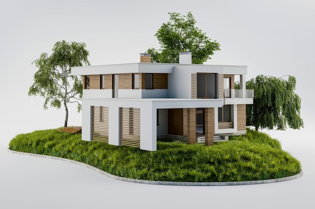 Modern house on a white background in the concept of a new house for a large family 3d illustration.