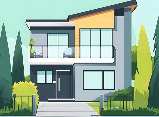 Photo modern house with balcony and green trees illustration