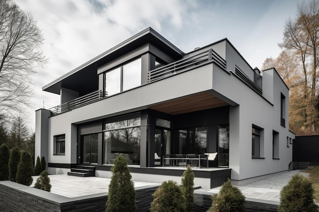 A modern house with a balcony and a table with chairs.