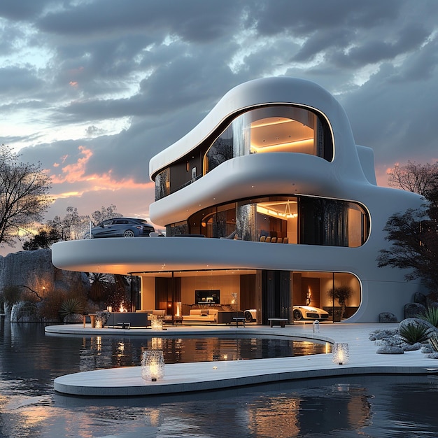 a modern house with a boat on the water