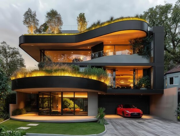 A modern house with a car parked in front captured beautifully