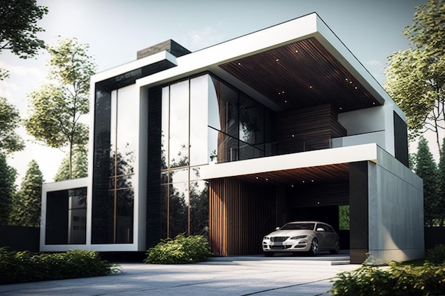 A modern house with a car parked in front of it