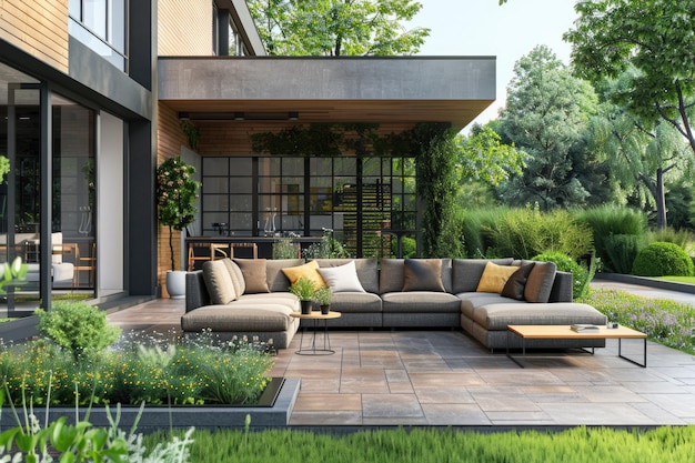 Modern House with Cozy Terrace and Green Garden