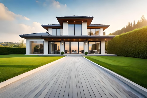 Modern house with a garden and a deck