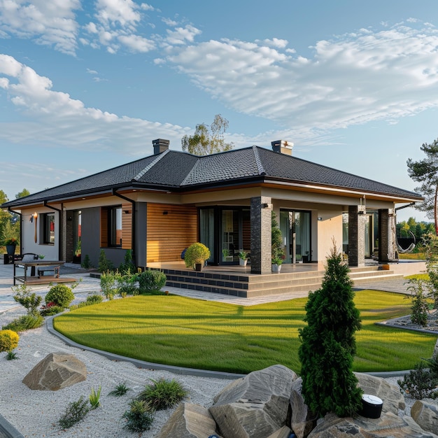 Modern house with garden and lawn Nobody inside Perspective view