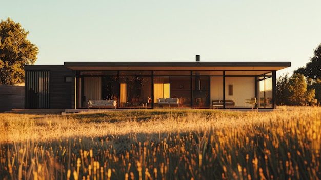 A modern house with glass walls sits in a field of tall grass bathed in warm sunset light reflecting a serene ambiance