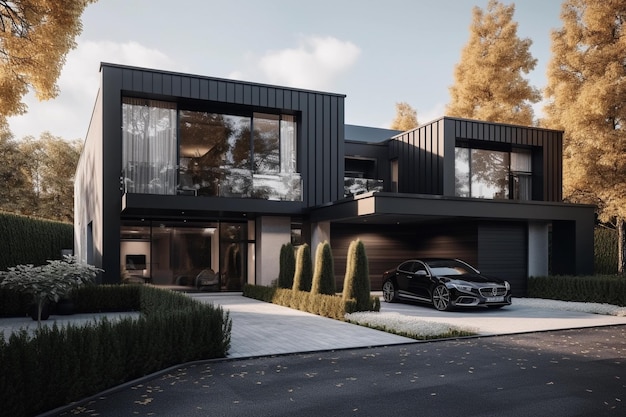 A modern house with a large garage door and a balcony.