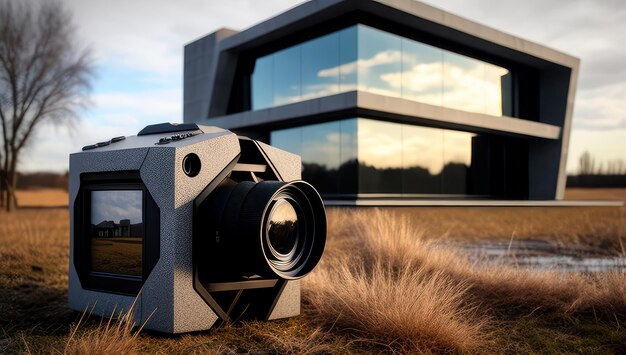 A modern house with a large lens and a house in the background.