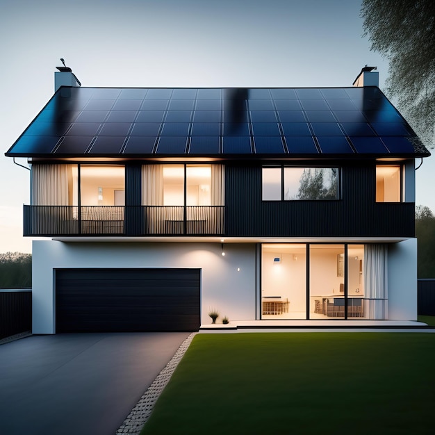 A modern house with a large solar panel on the roof