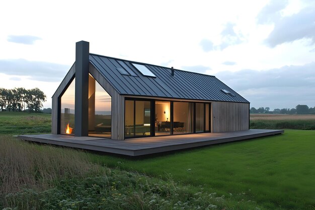 Modern House with Large Windows and a Deck in a Field