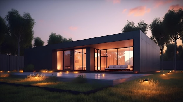 Modern house with light on sunset view