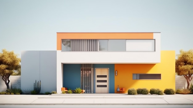 A modern house with orange and yellow exterior and a blue door.