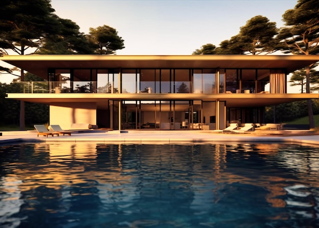 A modern house with outdoor pool and deck