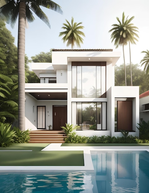 Modern house with pool 3D and rendering with a tropical style in miami