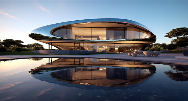 A modern house with a pool in front of it generative ai image