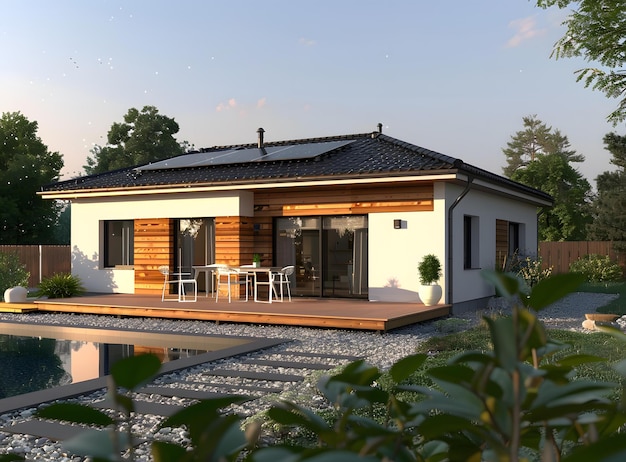 A modern house with a pool and a garden