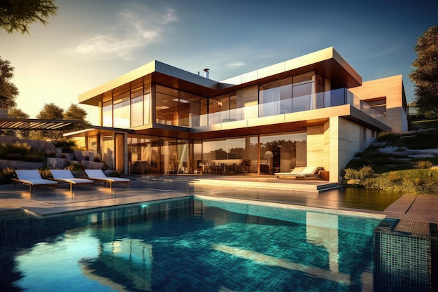 Modern house with pool Hitech luxury villa real estate home property exotic garden