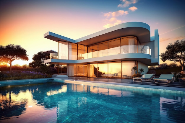 Modern house with pool Hitech luxury villa real estate home property exotic garden