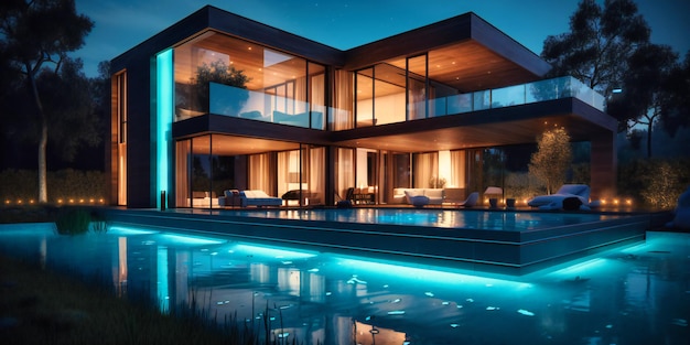 Modern house with pool and lighting