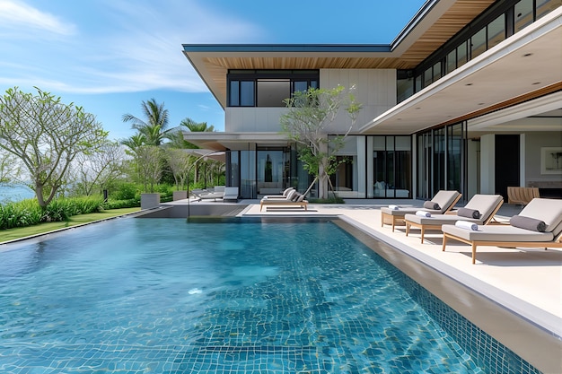 Modern House With Pool And Lounge Chairs Captured