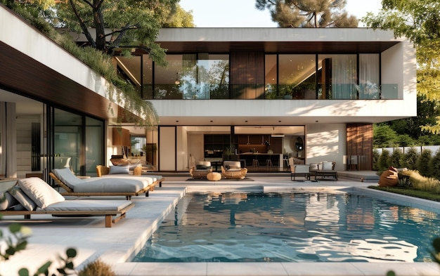 Modern house with pool and wicker patio furniture