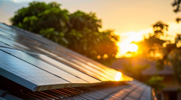 A modern house with a roof covered in solar panels bathed in sunlight representing a step towards green energy