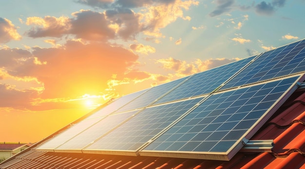 A modern house with a roof covered in solar panels bathed in sunlight representing a step towards green energy