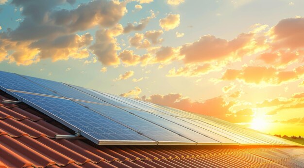 A modern house with a roof covered in solar panels bathed in sunlight representing a step towards green energy