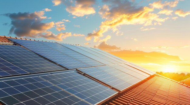 A modern house with a roof covered in solar panels bathed in sunlight representing a step towards green energy