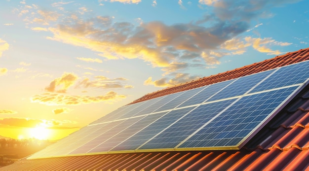 A modern house with a roof covered in solar panels bathed in sunlight representing a step towards green energy