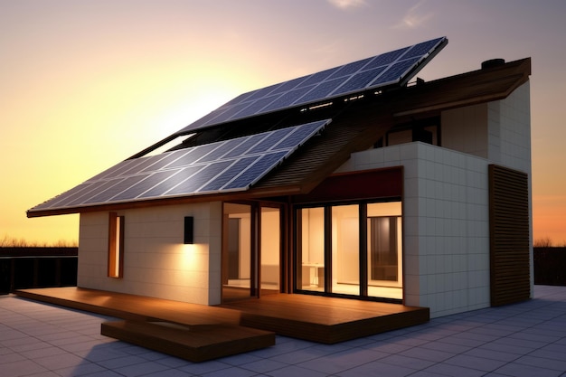 Modern house with solar panels on the roof Clean energy concept Generative AI